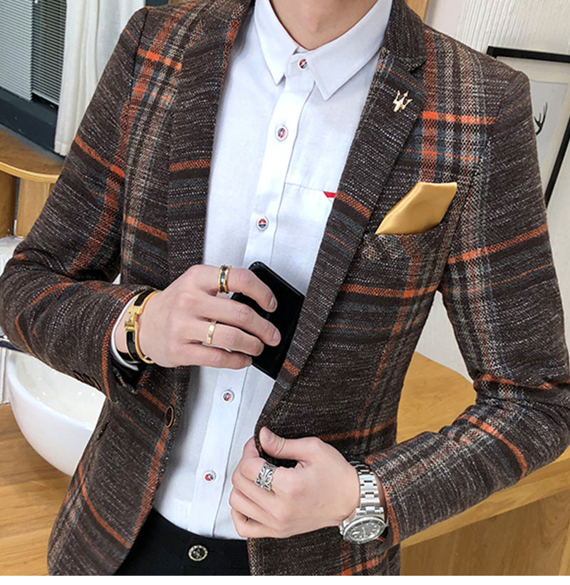 Men Blazer Slim Fit Designs Male Plaid Blazer