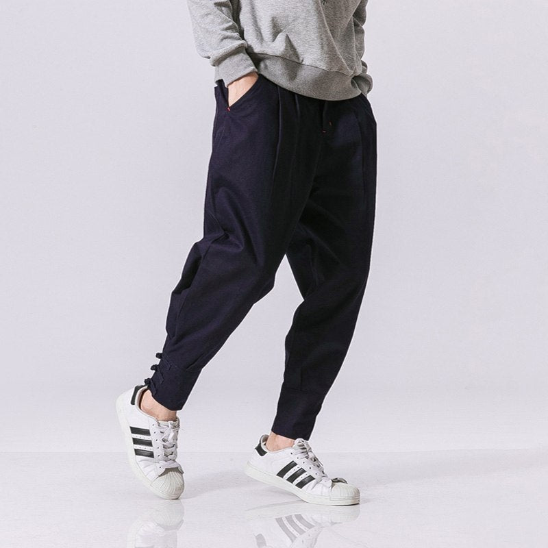 Cotton Linen Harem Pants Men Jogger Pants Male Fashion Autumn Casual Trousers Chinese Button Cross Pants Trousers