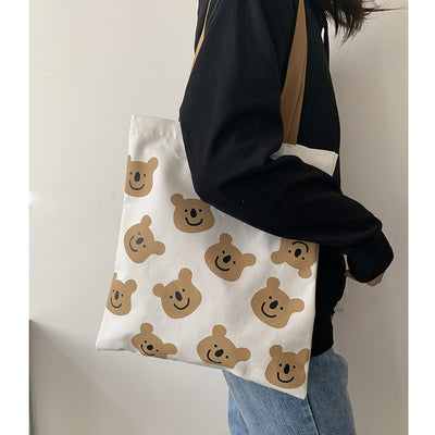 New Canvas Shoulder Shopper Bag for Women Girl Cartoon Bear White Female Handbags Cloth Shopping Bags Ladies Tote Beach Bag