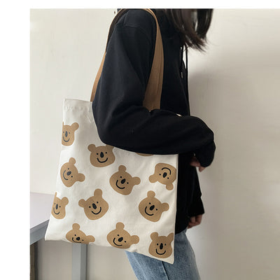 New Canvas Shoulder Shopper Bag for Women Girl Cartoon Bear White Female Handbags Cloth Shopping Bags Ladies Tote Beach Bag