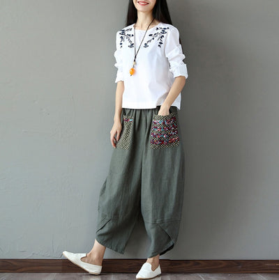 Cotton Linen Loose Trousers Women Wide Leg Pants