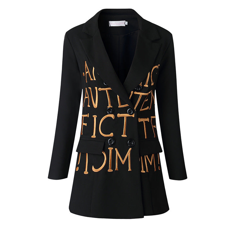 Women Black Slim-Fit Embroidered Lettering Blazer