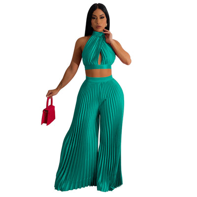 Women's Halter Silk-like Pleated Wide-leg Pants Two-piece Set