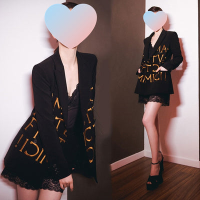 Women Black Slim-Fit Embroidered Lettering Blazer