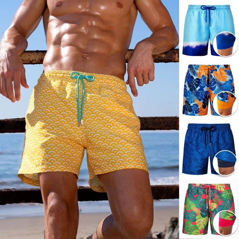 Men's Printed Beach Shorts Sports Double Layer Shorts Summer