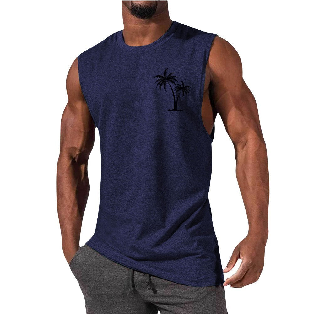 Coconut Tree Embroidery Vest Summer Beach Tank Tops Workout Muscle Men Sports Fitness T-shirt