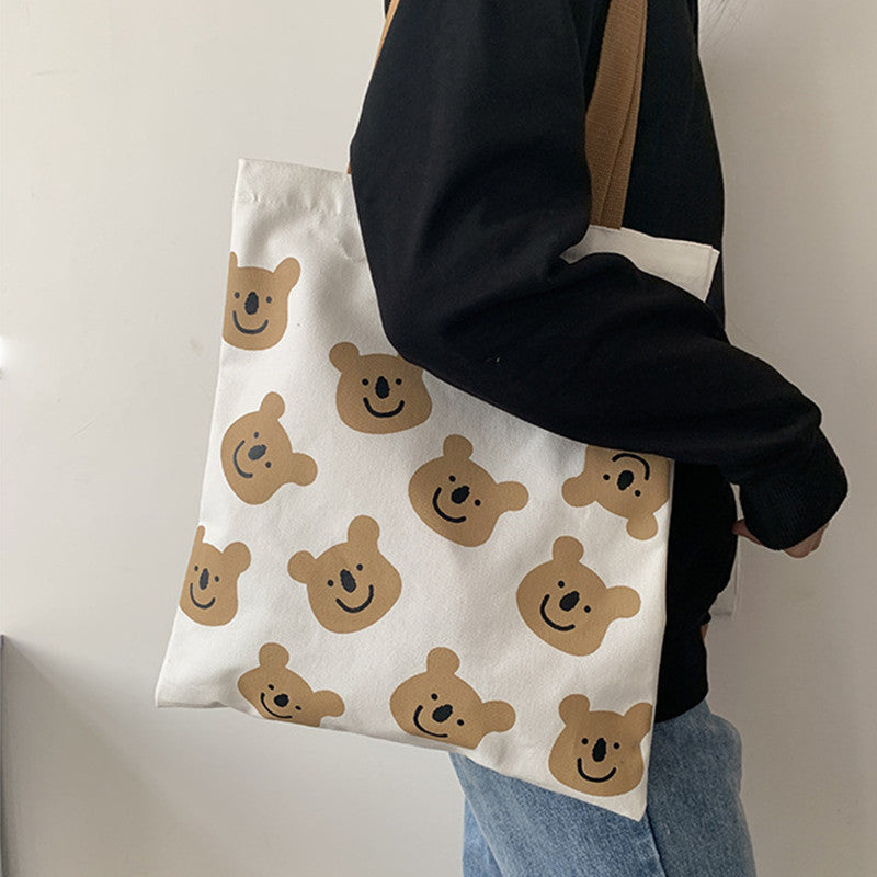 New Canvas Shoulder Shopper Bag for Women Girl Cartoon Bear White Female Handbags Cloth Shopping Bags Ladies Tote Beach Bag