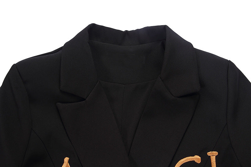 Women Black Slim-Fit Embroidered Lettering Blazer